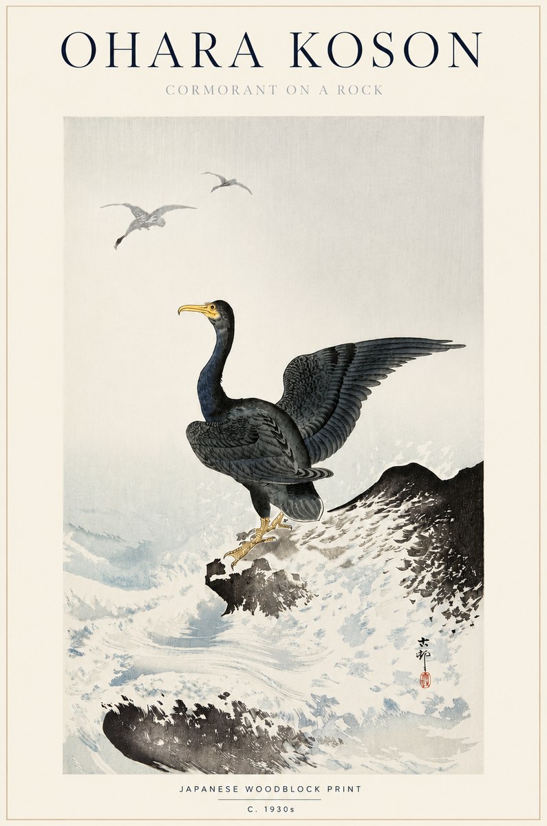 Ohara Koson Cormorant on a Rock No3 - Plakat