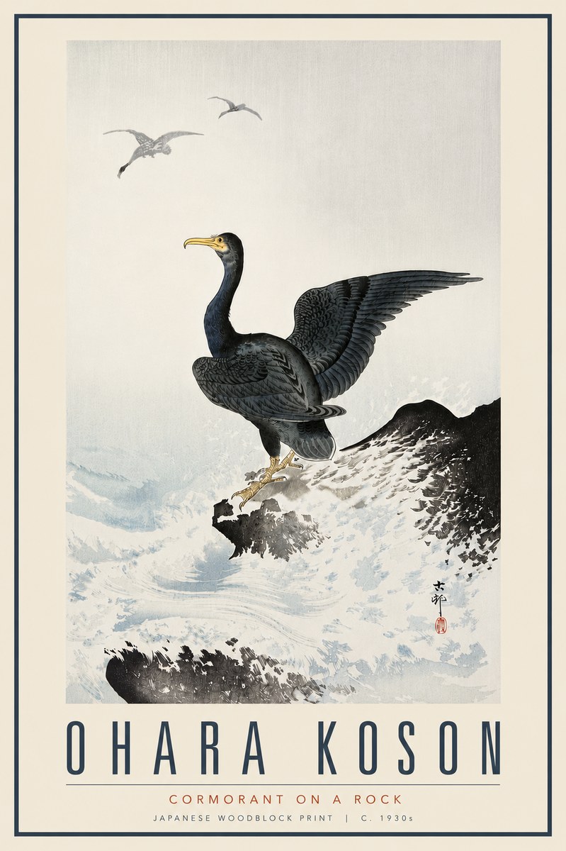 Ohara Koson Cormorant on a Rock No6 - Plakat