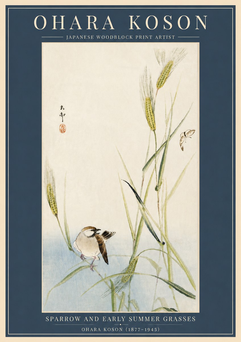 Ohara Koson Sparrow and Early Summer Grasses No6 - Plakat