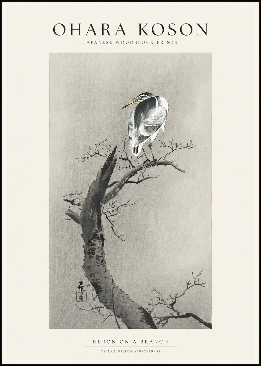 Ohara Koson Heron on a Branch No1 - Plakat