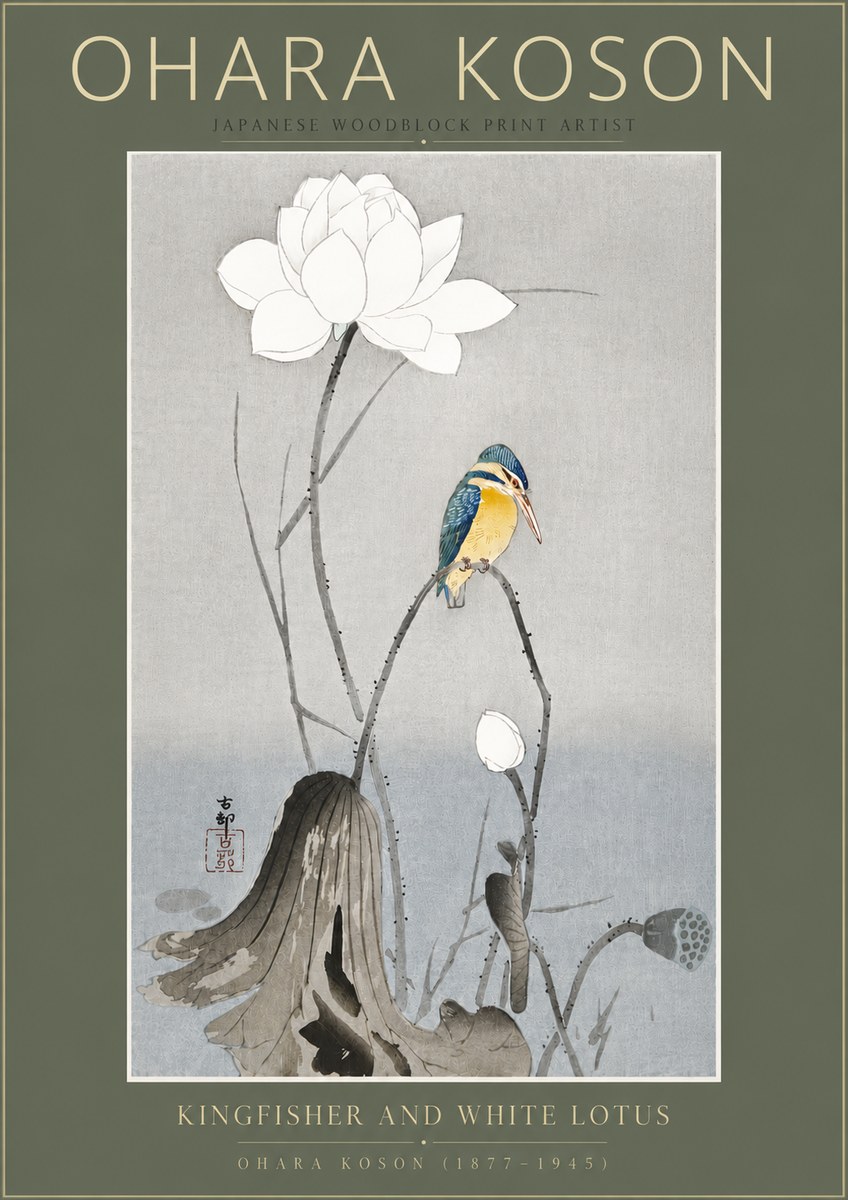 Ohara Koson Kingfisher and White Lotus No5 - Plakat