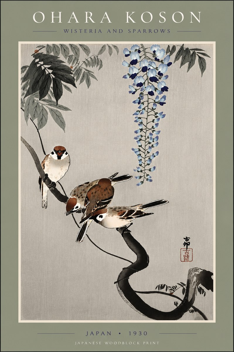 Ohara Koson Wisteria and Sparrows No5 - Plakat