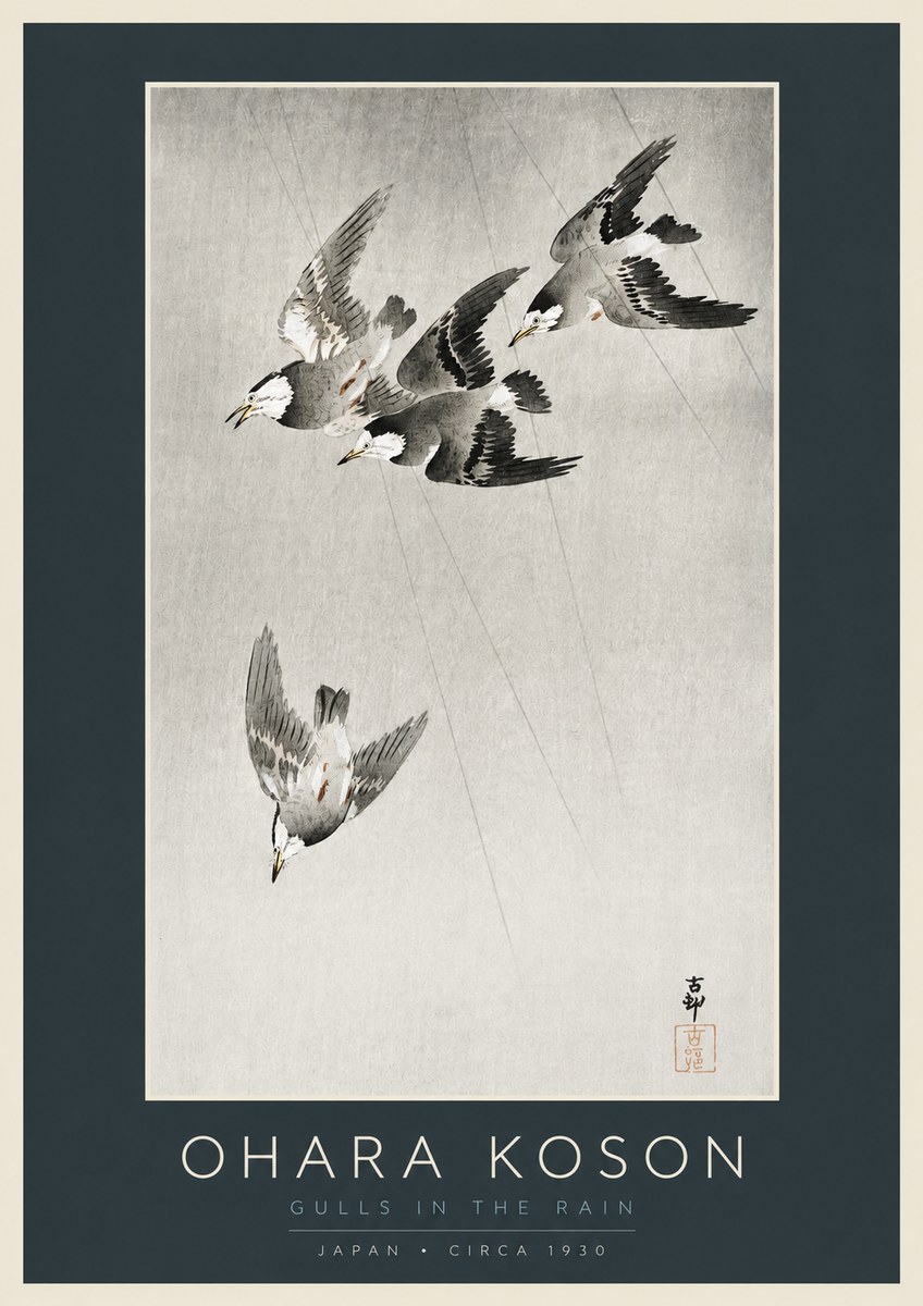 Ohara Koson Gulls in the Rain No2 - Plakat