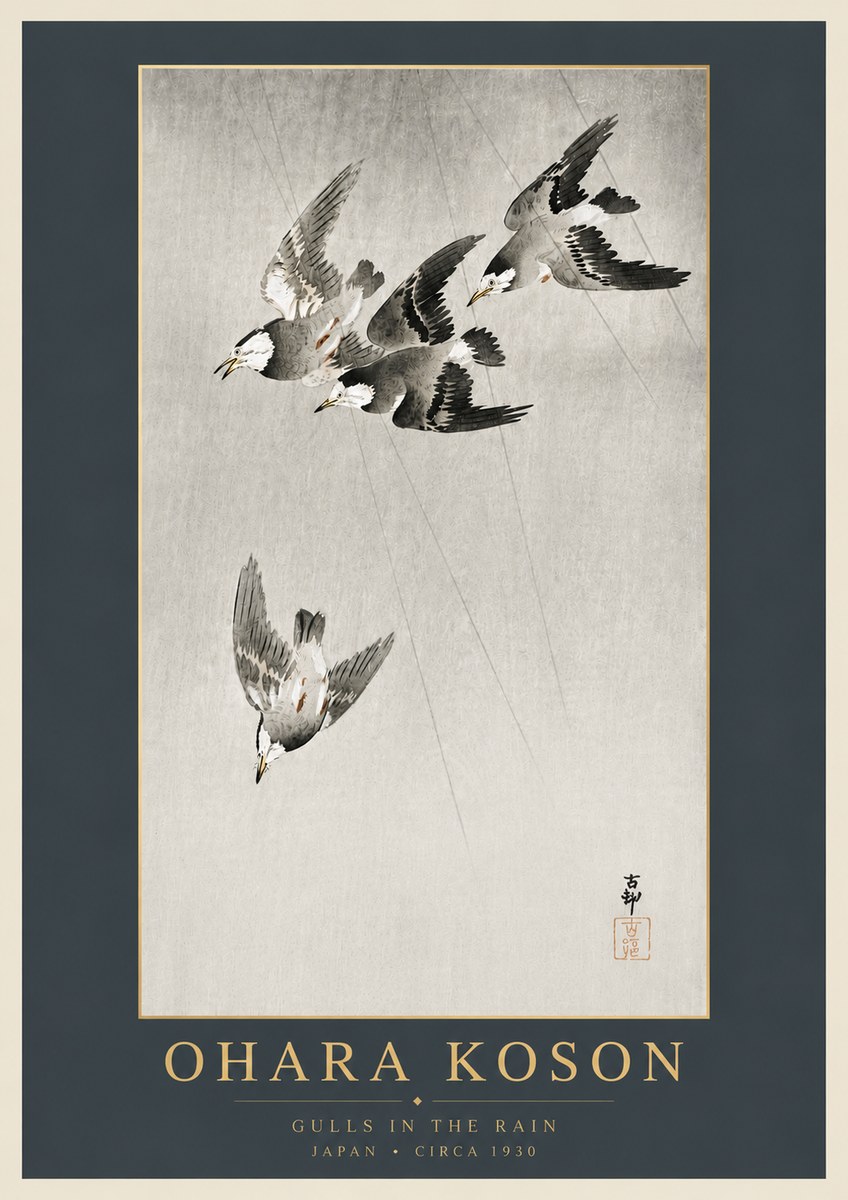 Ohara Koson Gulls in the Rain No6 - Plakat