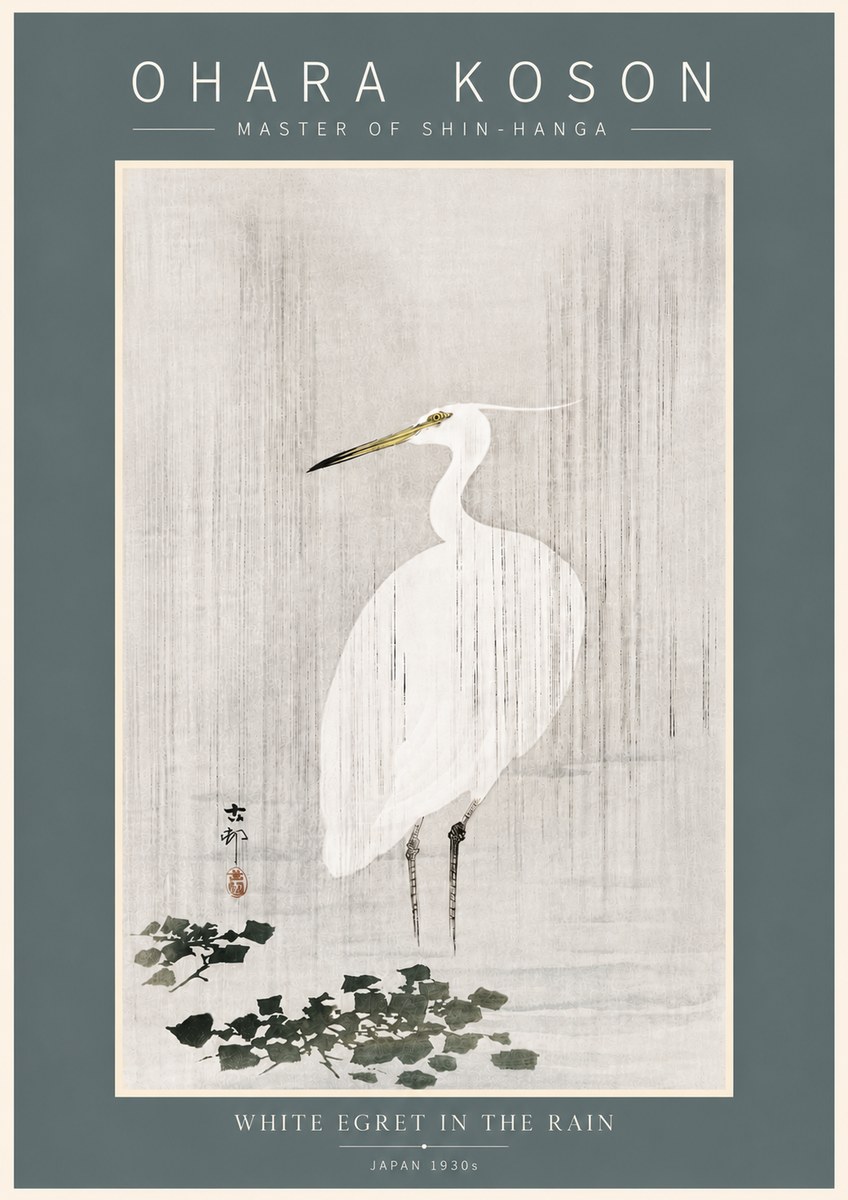 Ohara Koson White Egret in the Rain No5 - Plakat