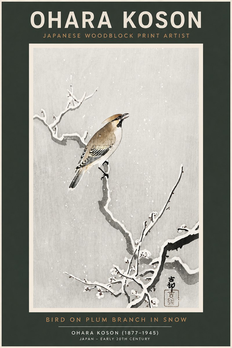 Ohara Koson Bird on Plum Branch in Snow No2 - Plakat
