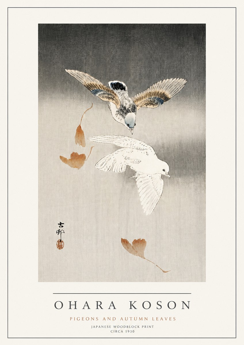 Ohara Koson Pigeons and Autumn Leaves No4 - Plakat