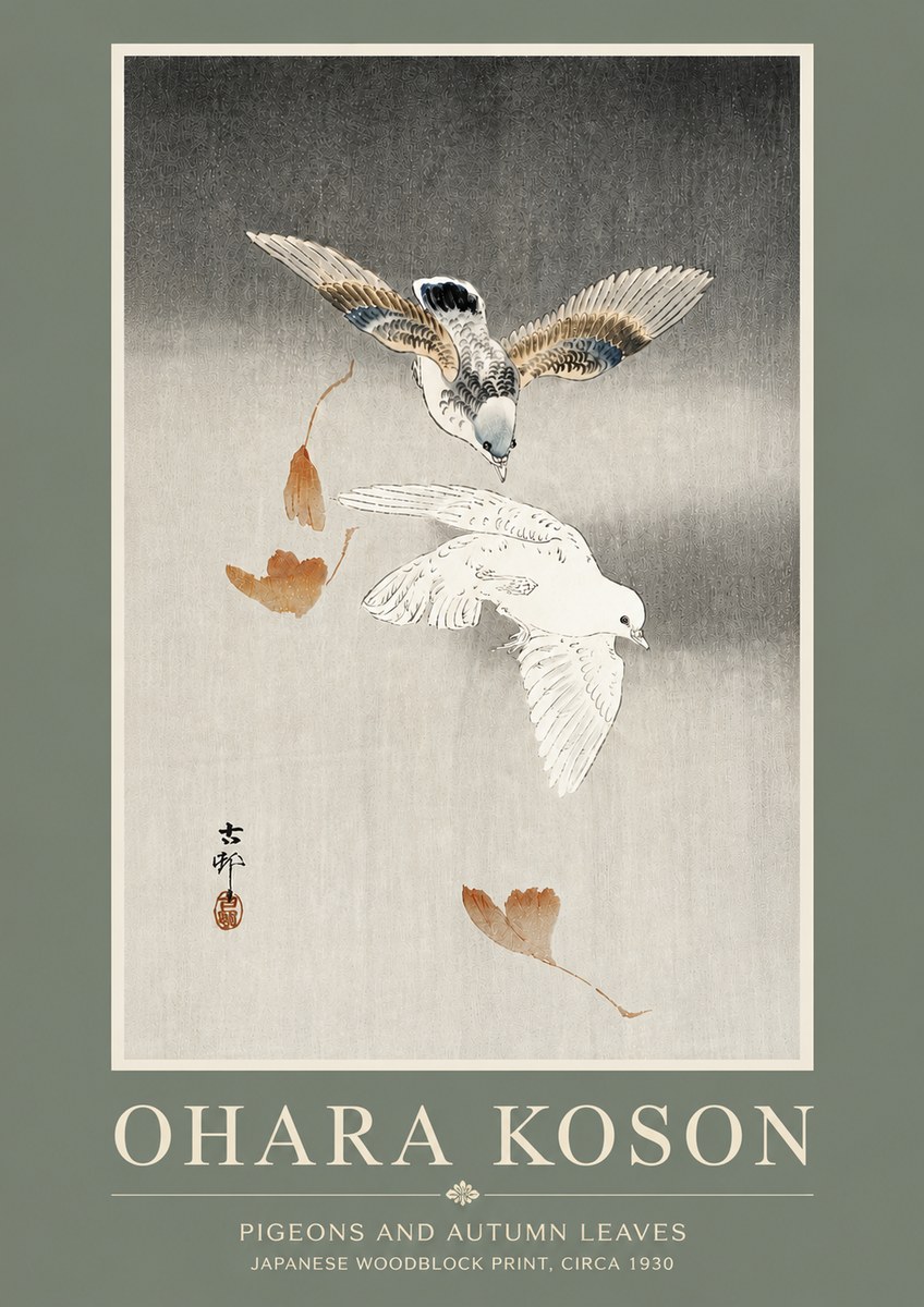 Ohara Koson Pigeons and Autumn Leaves No5 - Plakat