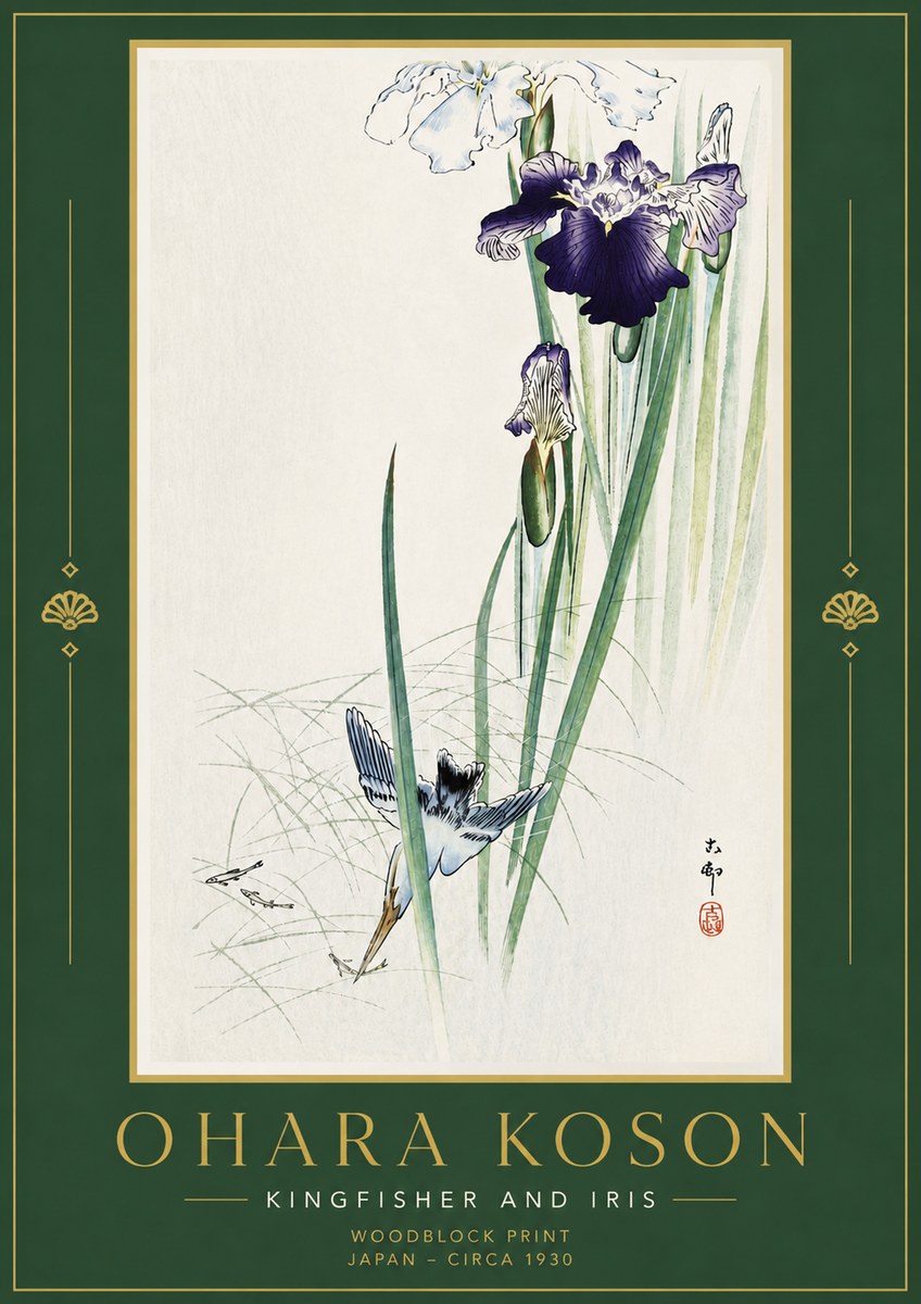 Ohara Koson Kingfisher and Iris No6 - Plakat