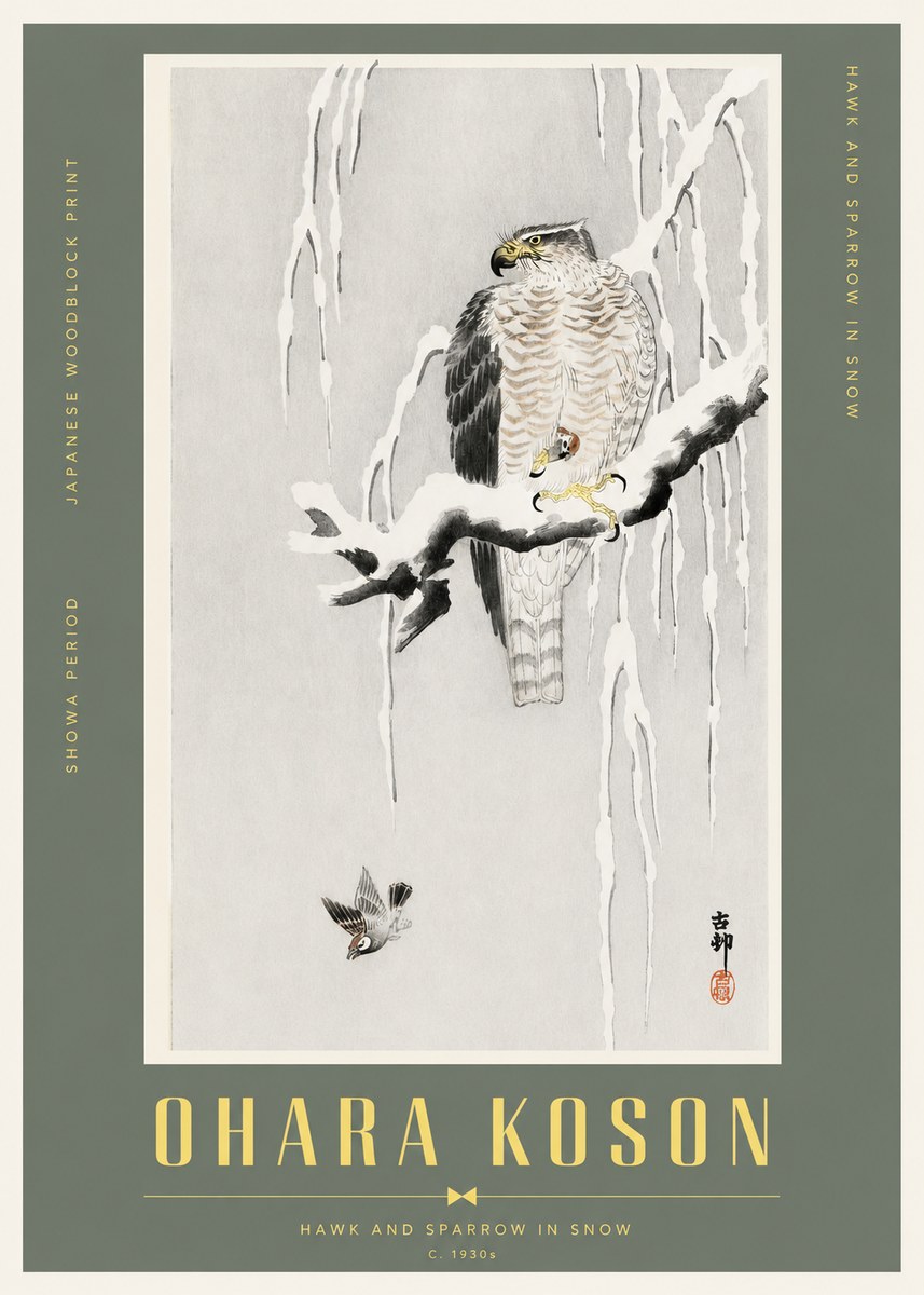 Ohara Koson Hawk and Sparrow in Snow No2 - Plakat