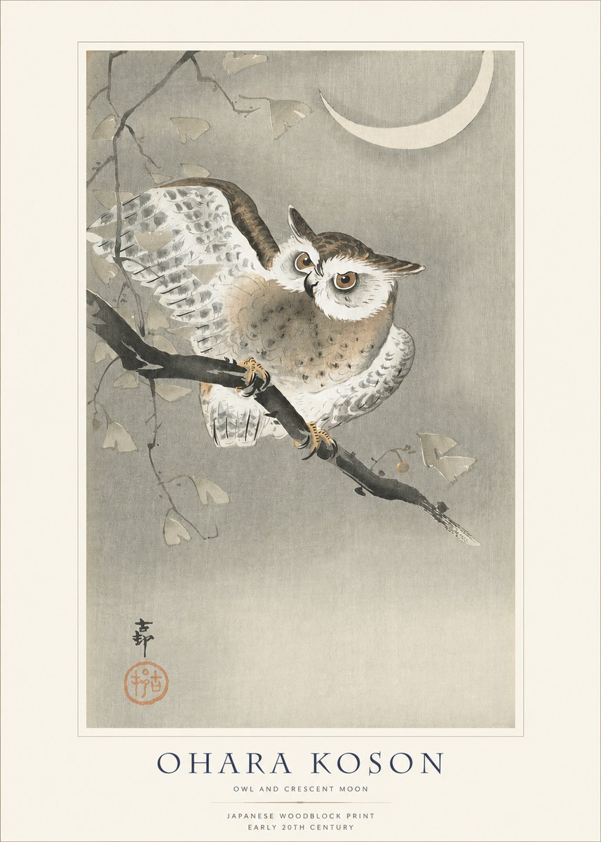 Ohara Koson Owl and Crescent Moon No1 - Plakat