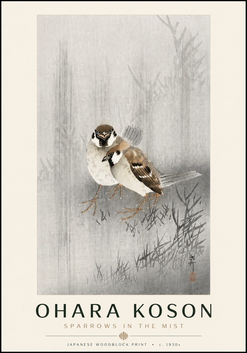 Ohara Koson Sparrows in the Mist No6 - Plakat