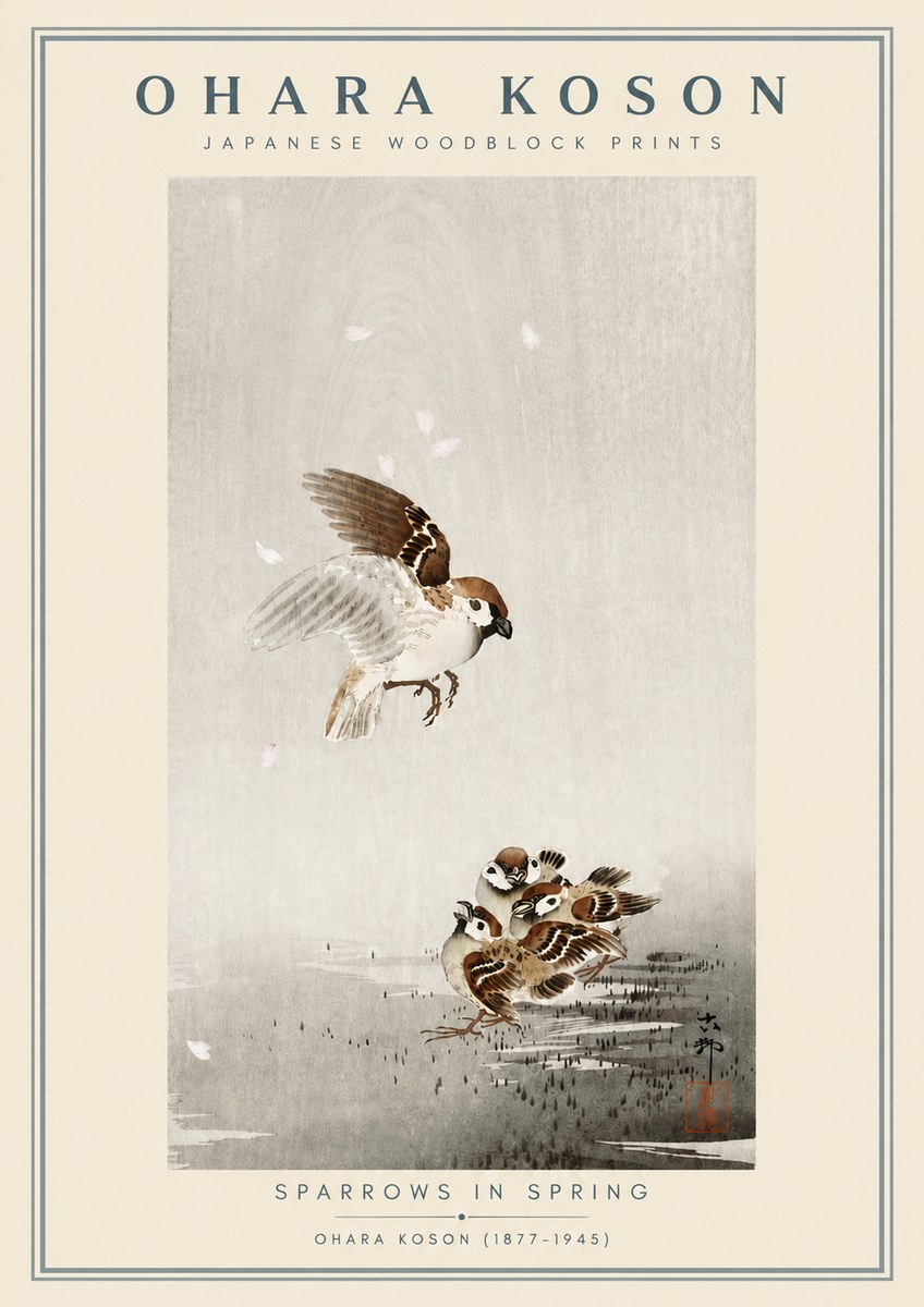 Ohara Koson Sparrows in Spring No6 - Plakat