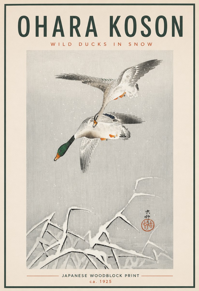 Ohara Koson Wild Ducks in Snow No4 - Plakat
