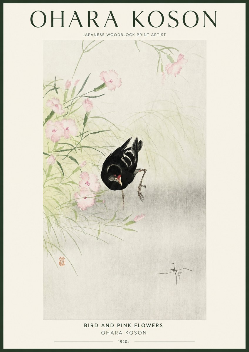 Ohara Koson Bird and Pink Flowers No1 - Plakat