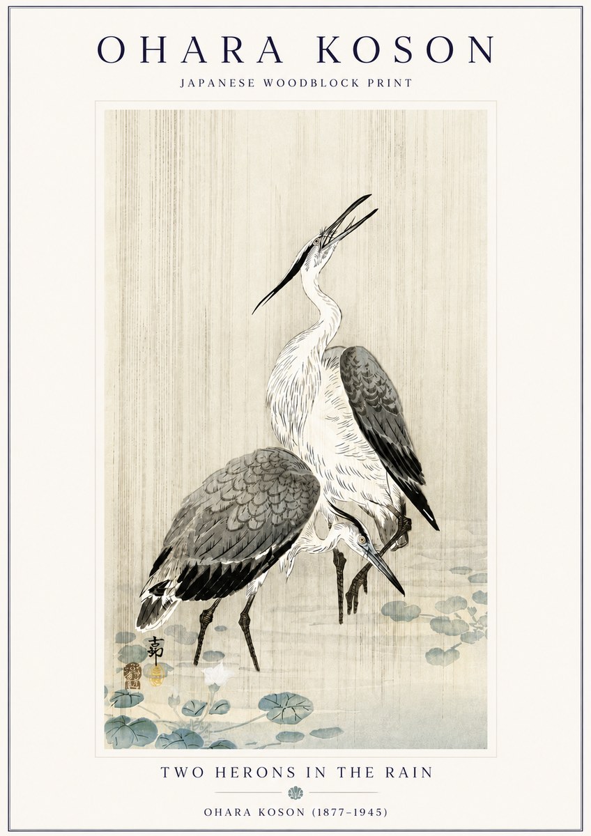 Ohara Koson Two Herons in the Rain No6 - Plakat