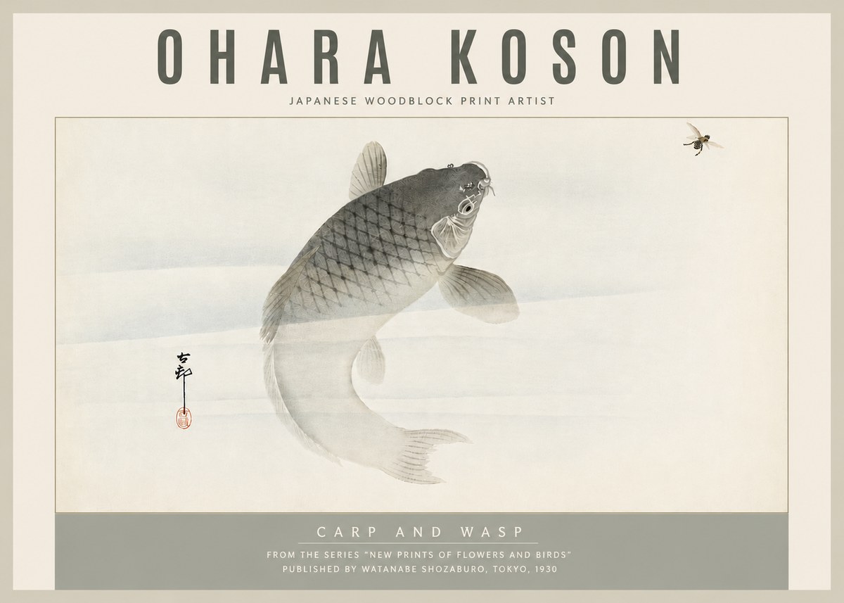 Ohara Koson Carp and Wasp No5 - Plakat