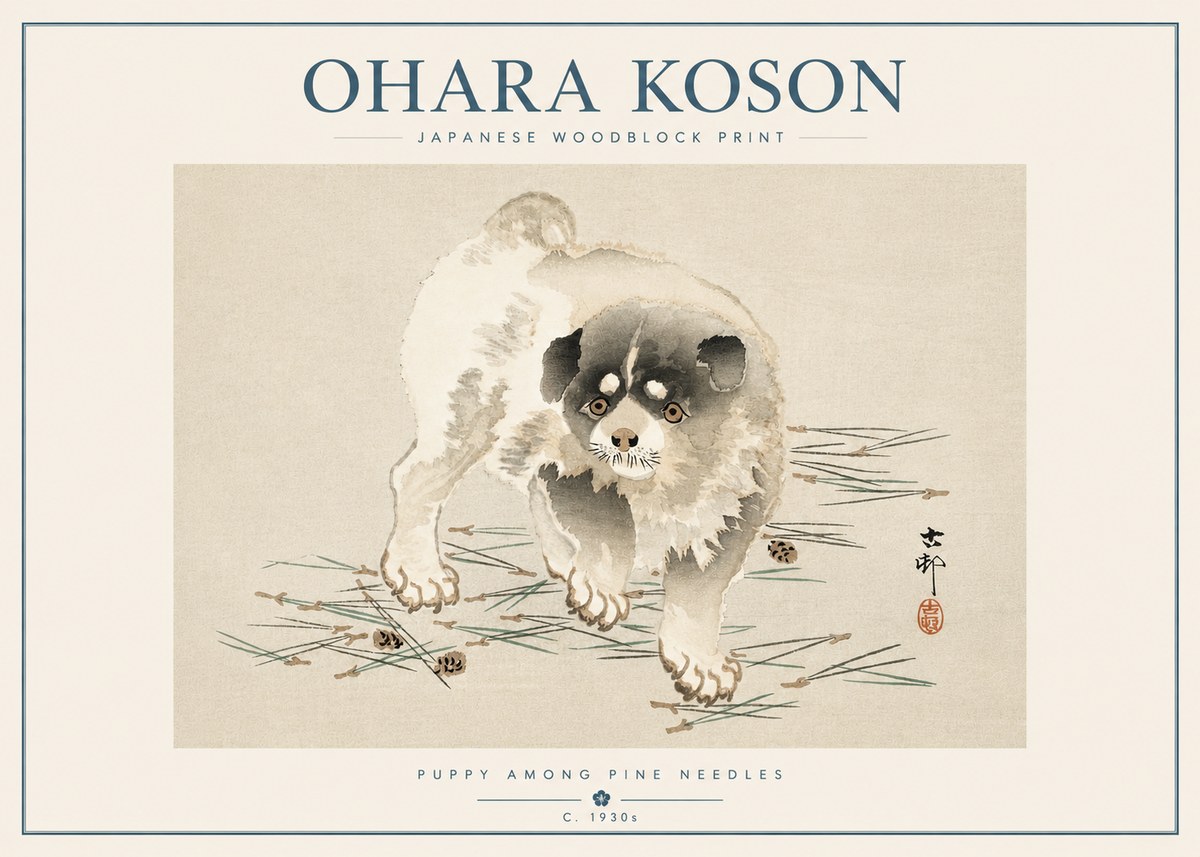 Ohara Koson Puppy Among Pine Needles No5 - Plakat