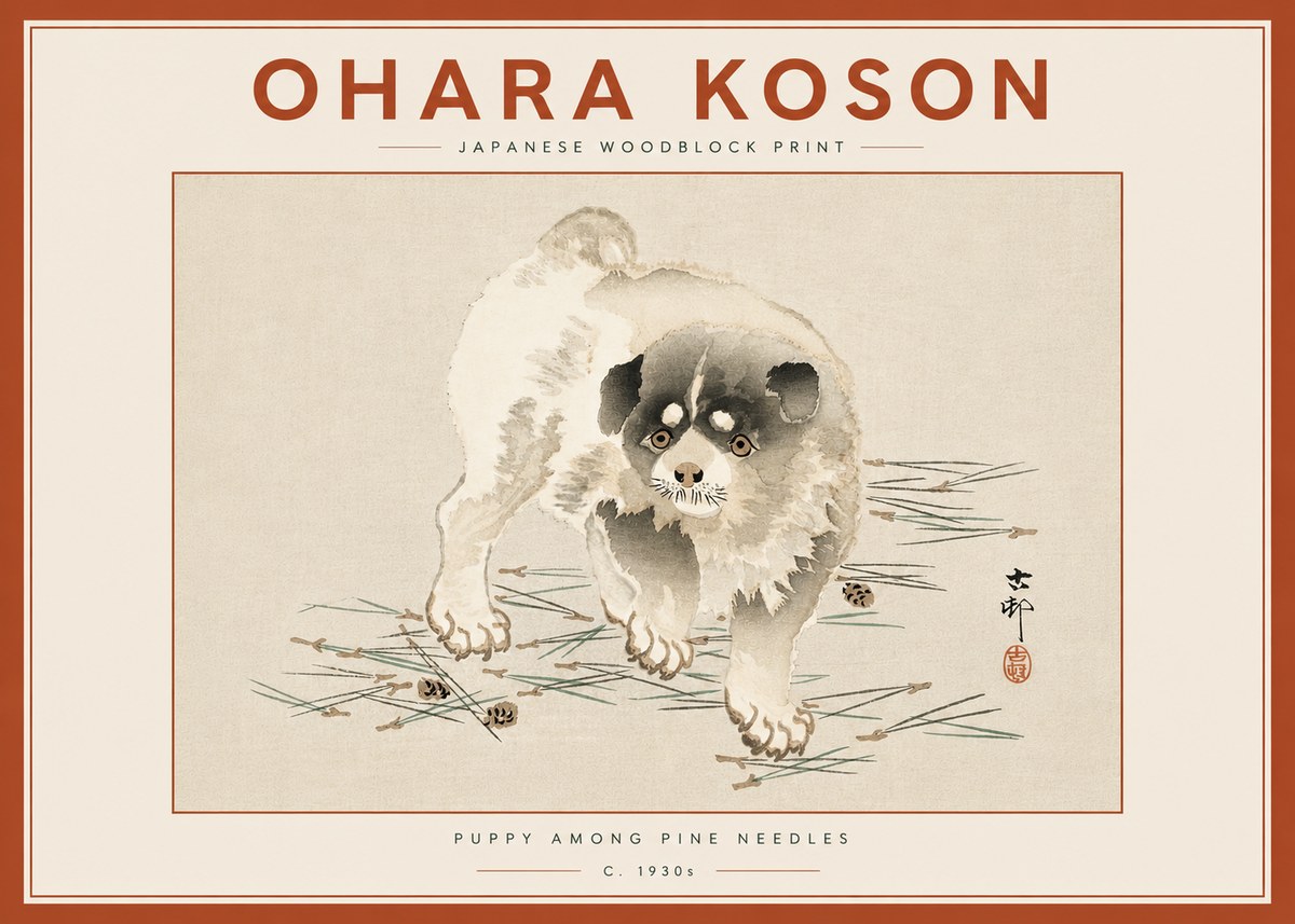 Ohara Koson Puppy Among Pine Needles No6 - Plakat