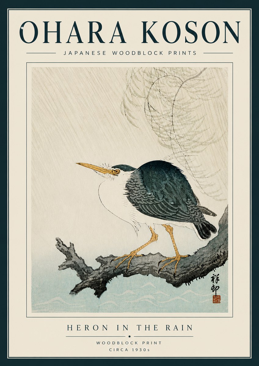 Ohara Koson Heron in the Rain No5 - Plakat