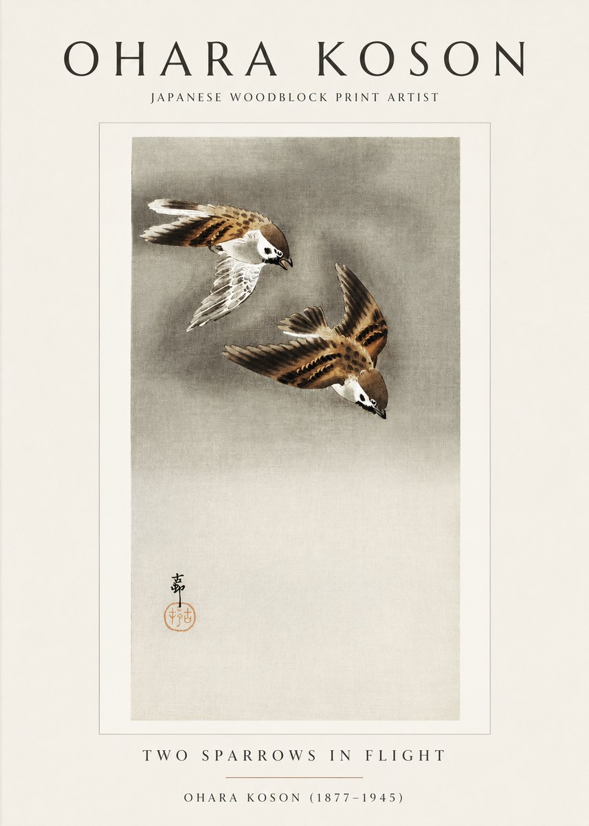 Ohara Koson Two Sparrows in Flight No1 - Plakat