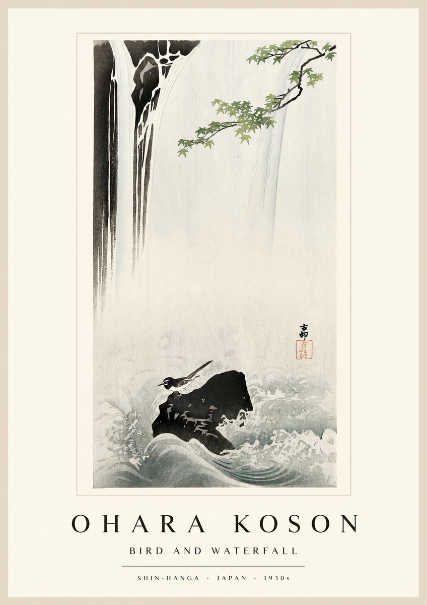 Ohara Koson Bird and Waterfall No1 - Plakat