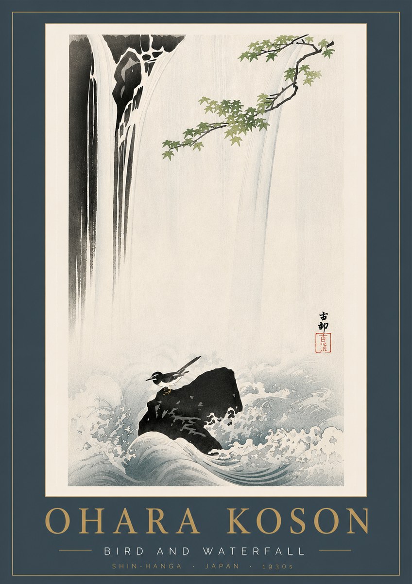 Ohara Koson Bird and Waterfall No6 - Plakat