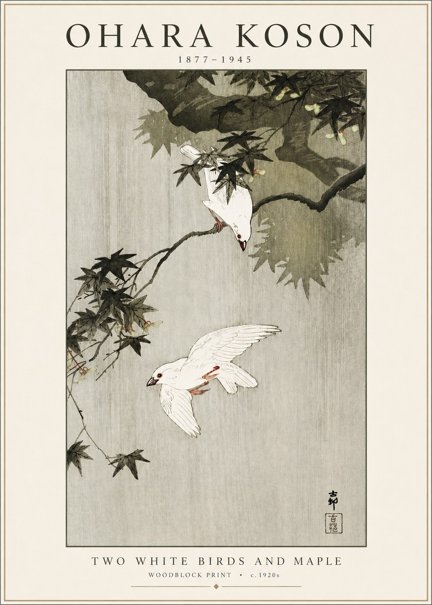 Ohara Koson Two White Birds and Maple No3 - Plakat