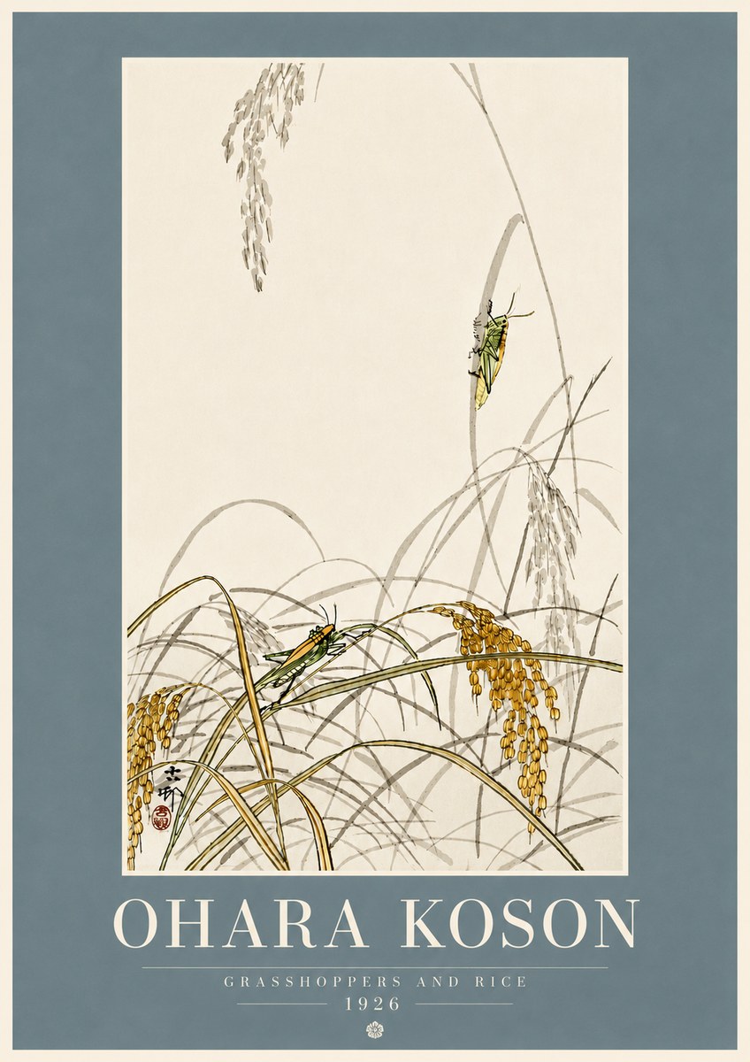 Ohara Koson Grasshoppers and Rice No5 - Plakat