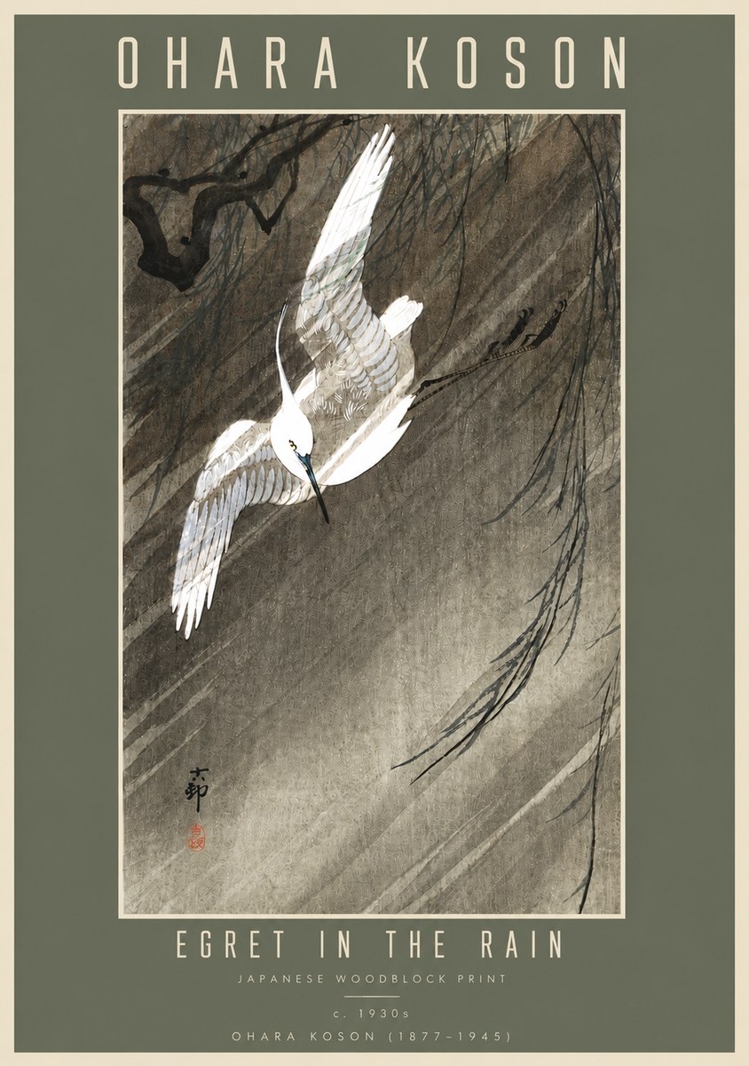 Ohara Koson Egret in the Rain II No4 - Plakat
