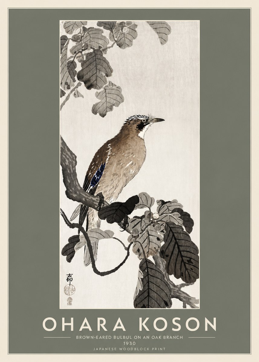 Ohara Koson Brown-eared Bulbul on an Oak Branch No2 - Plakat