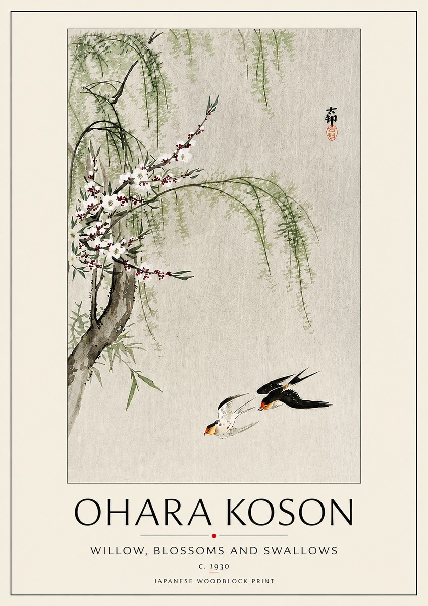 Ohara Koson Willow, Blossoms and Swallows No5 - Plakat