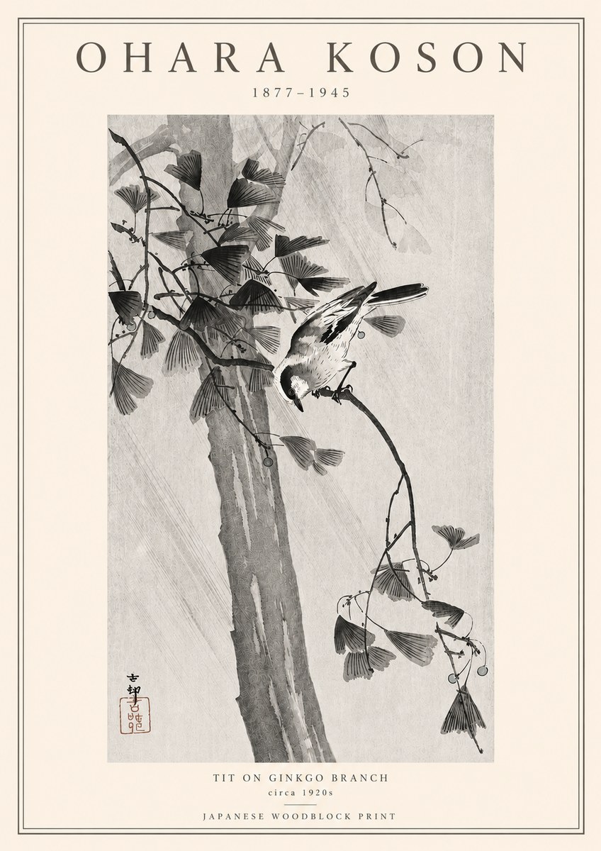 Ohara Koson Tit on Ginkgo Branch No3 - Plakat