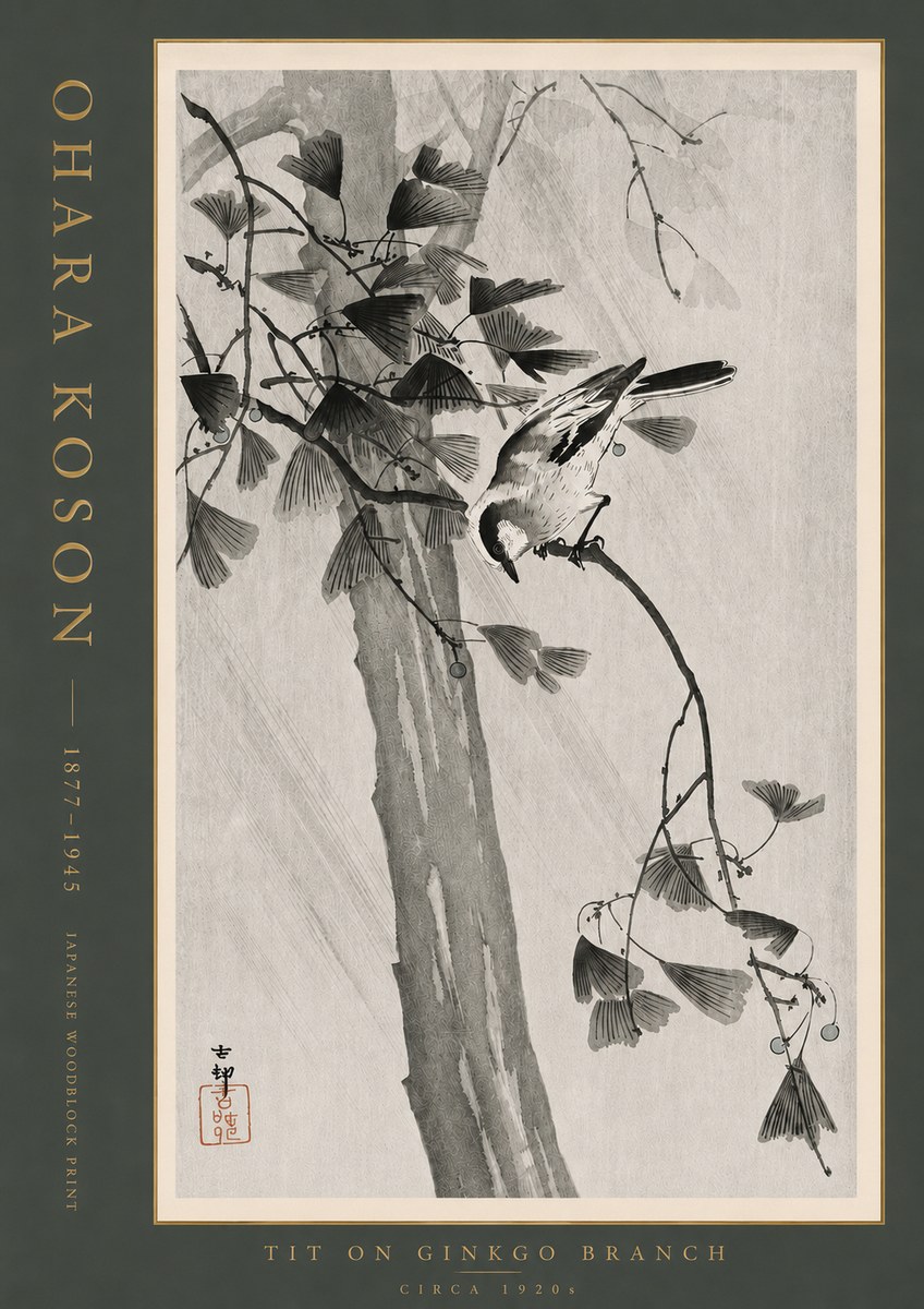 Ohara Koson Tit on Ginkgo Branch No4 - Plakat