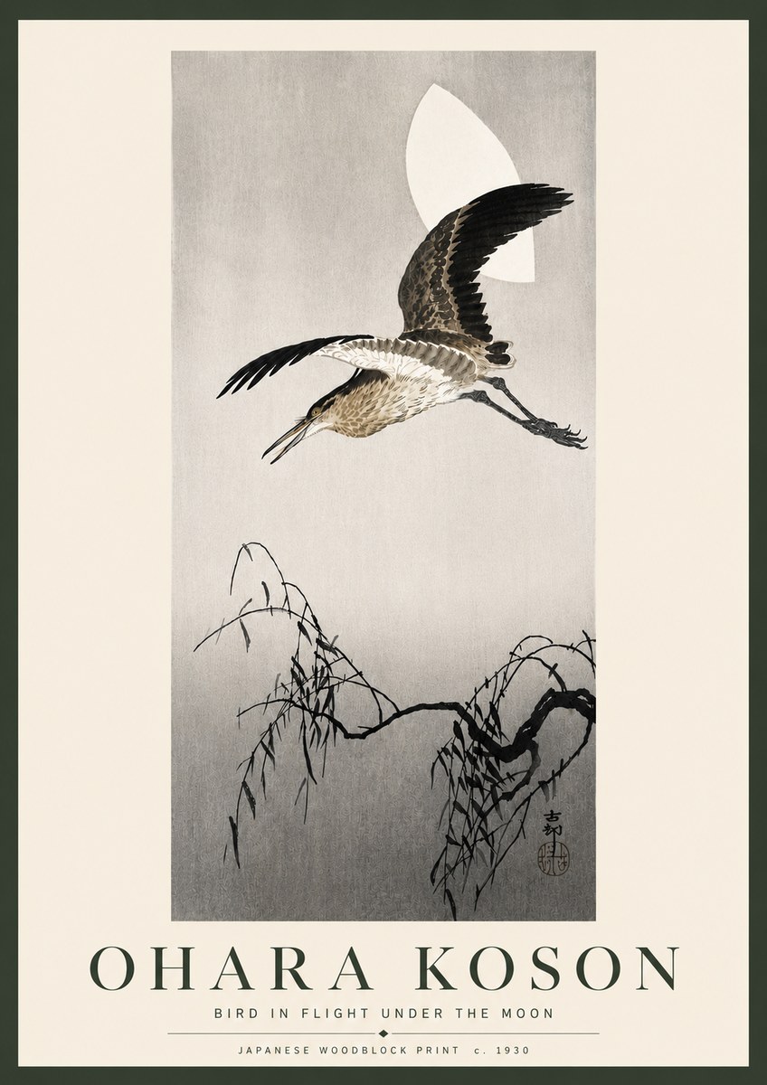 Ohara Koson Bird in Flight Under the Moon No5 - Plakat