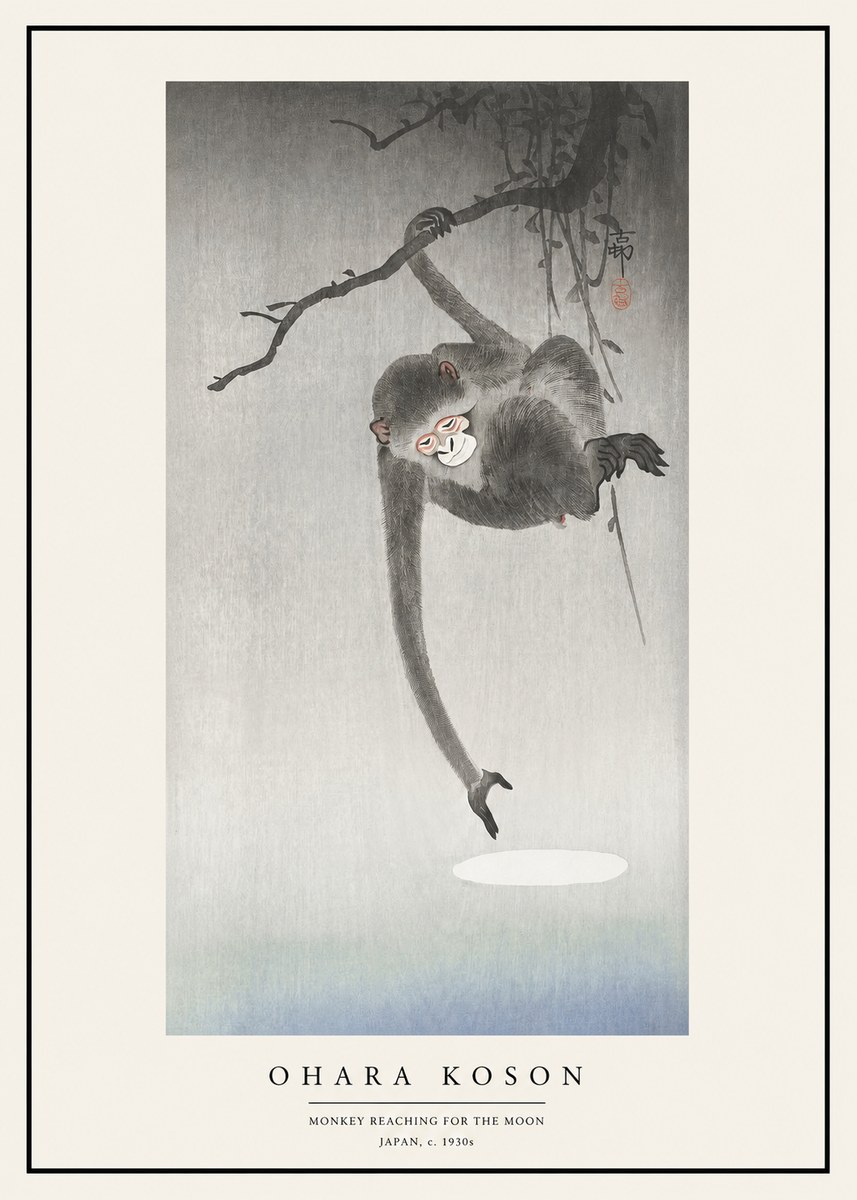 Ohara Koson Monkey Reaching for the Moon No1 - Plakat