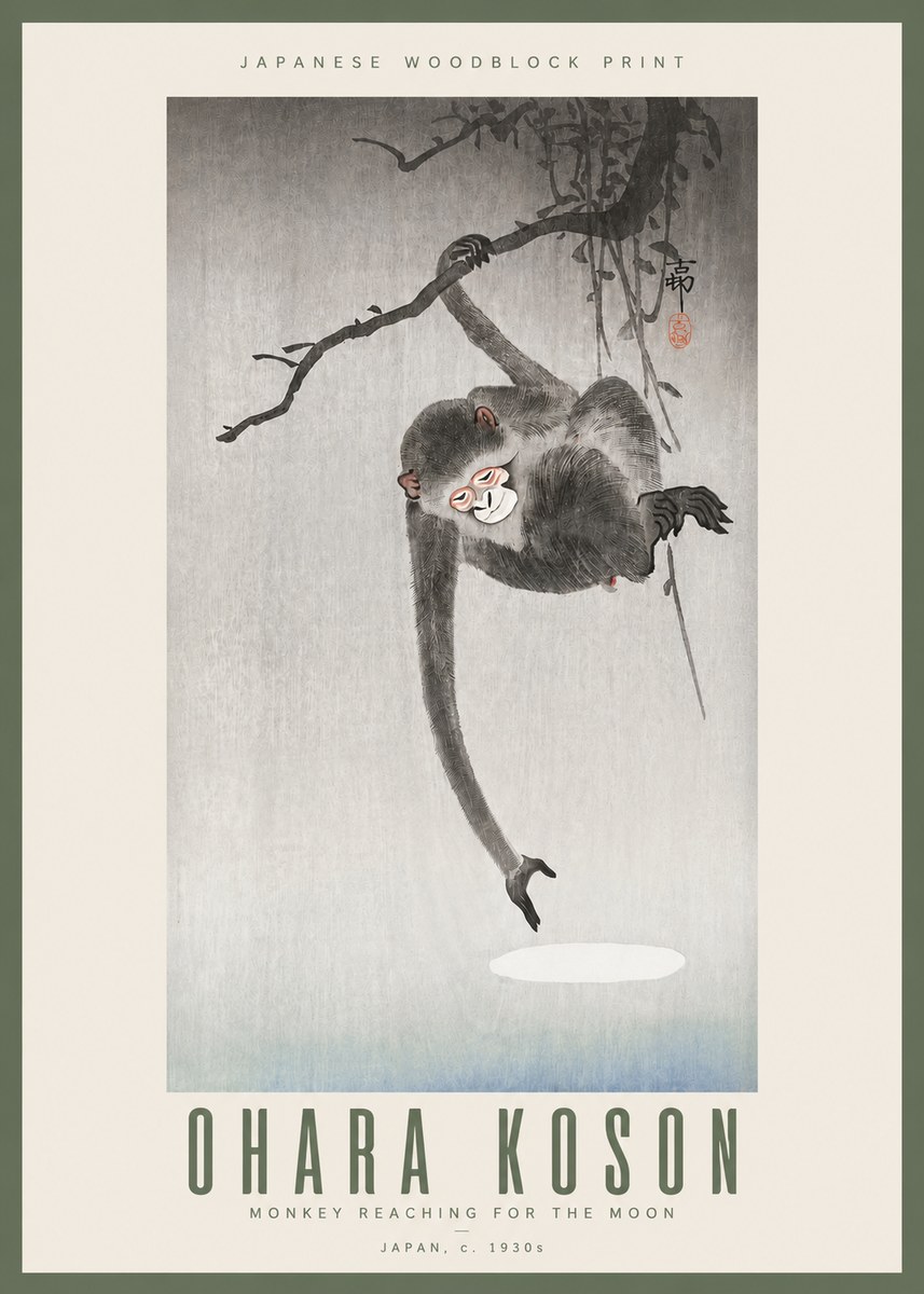 Ohara Koson Monkey Reaching for the Moon No3 - Plakat