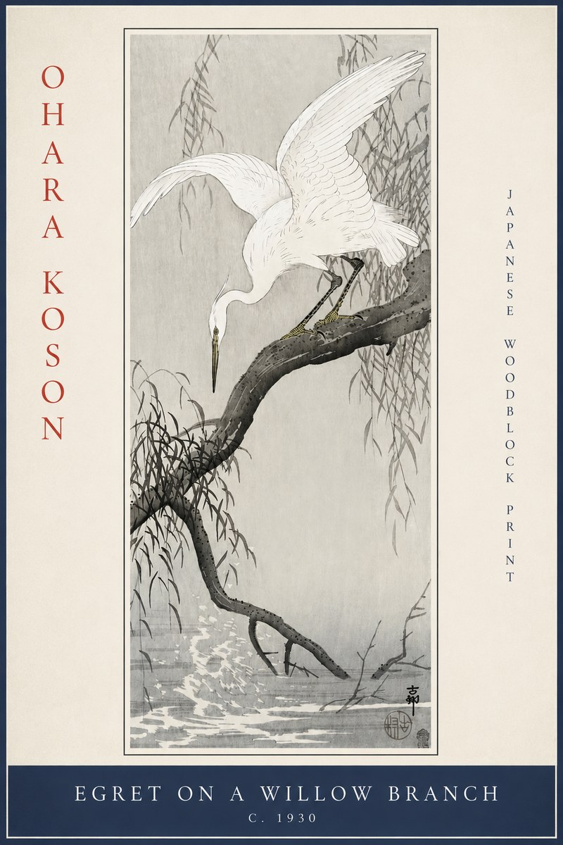 Ohara Koson Egret on a Willow Branch No2 - Plakat