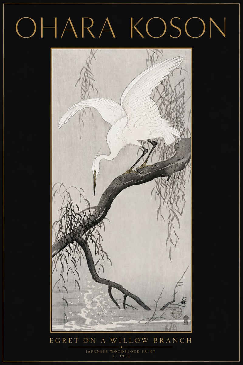 Ohara Koson Egret on a Willow Branch No5 - Plakat