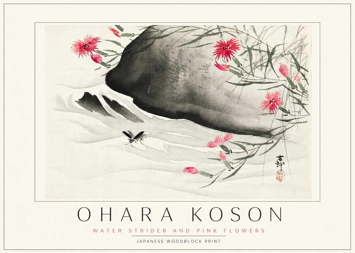 Ohara Koson Water Strider and Pink Flowers No3 - Plakat