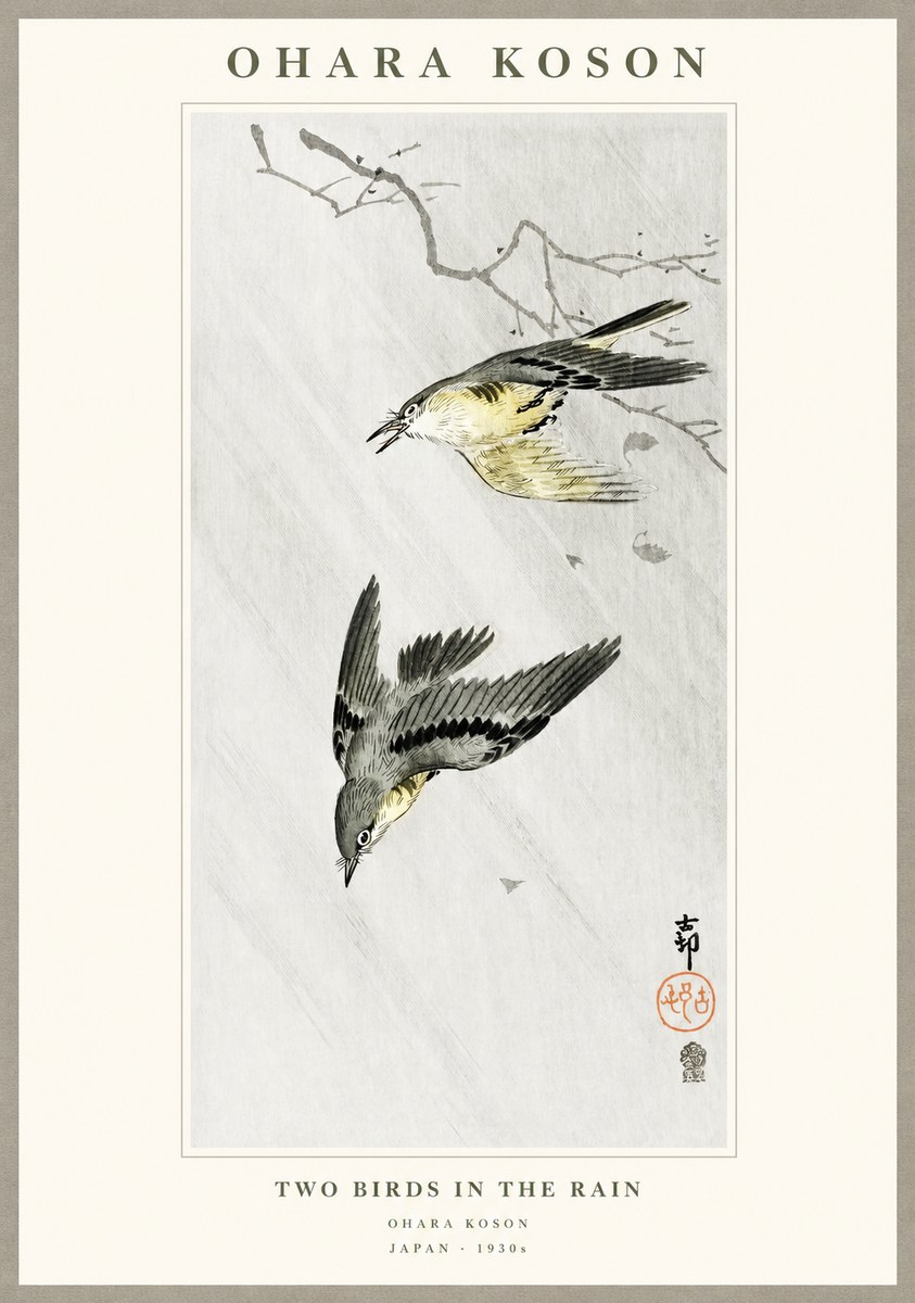 Ohara Koson Two Birds in the Rain No1 - Plakat