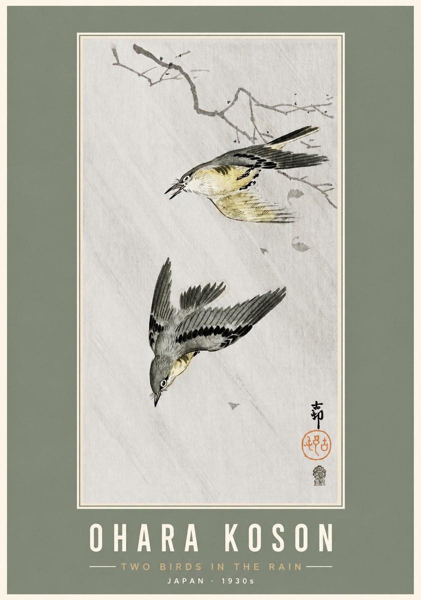 Ohara Koson Two Birds in the Rain No3 - Plakat