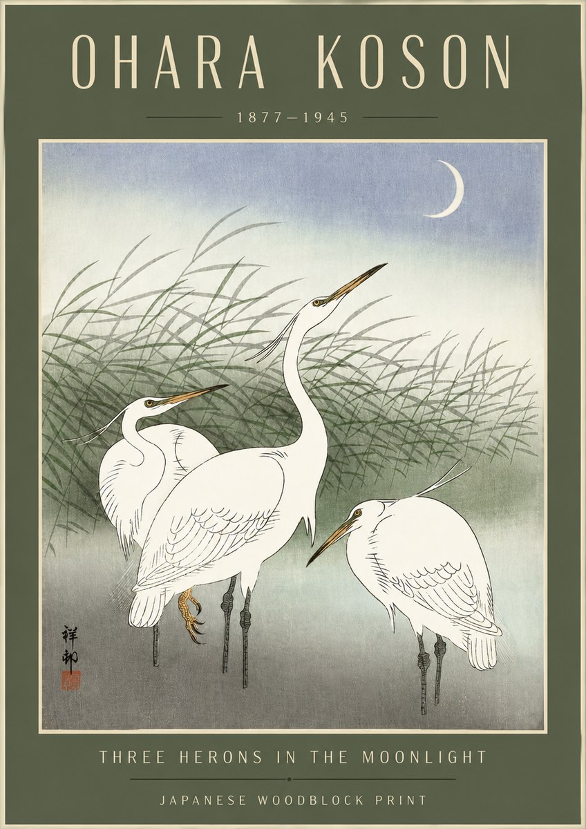 Ohara Koson Three Herons in the Moonlight No4 - Plakat