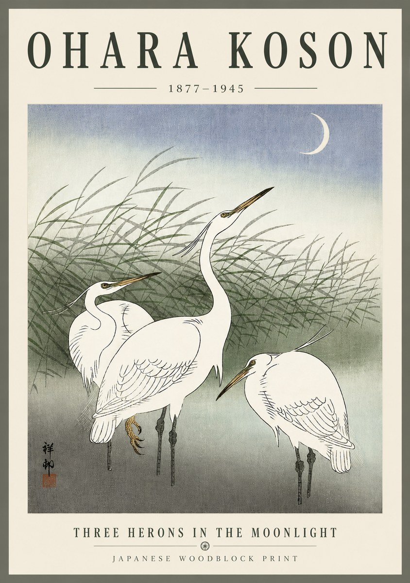 Ohara Koson Three Herons in the Moonlight No6 - Plakat