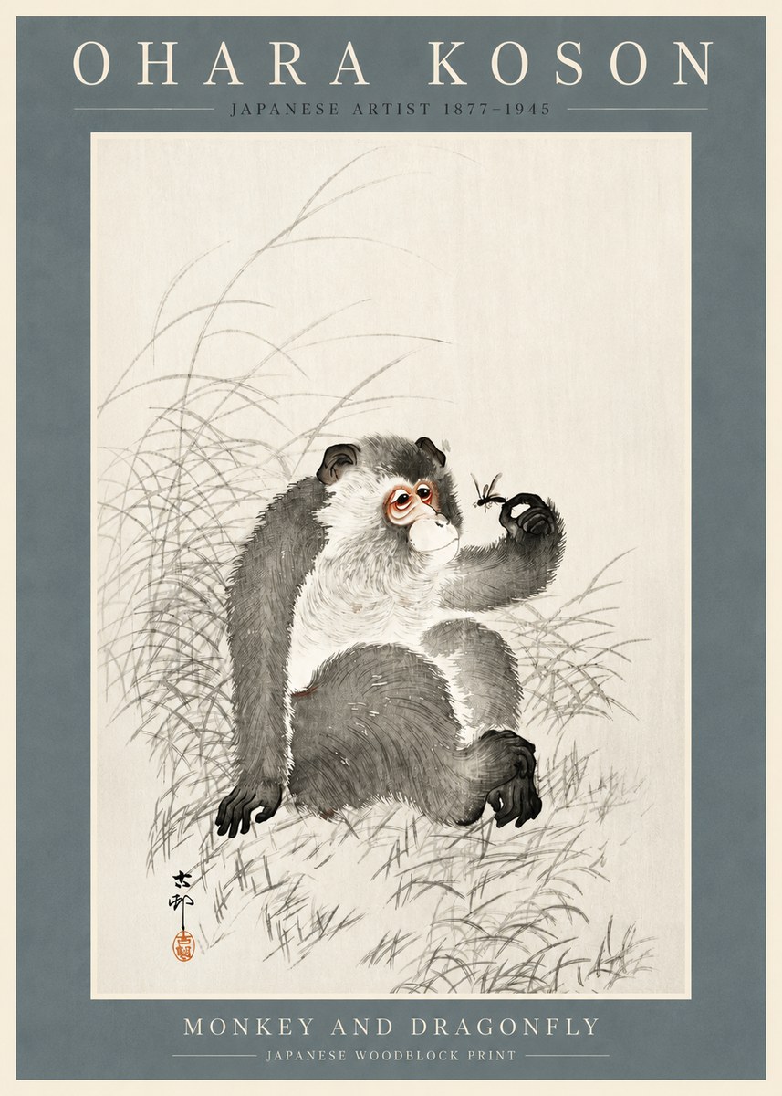 Ohara Koson Monkey and Dragonfly No2 - Plakat