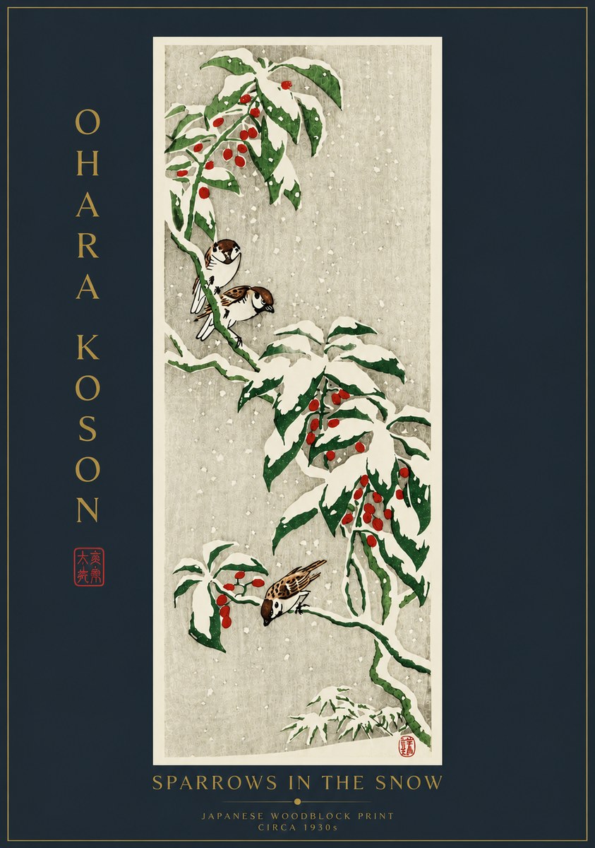 Ohara Koson Sparrows in the Snow No6 - Plakat