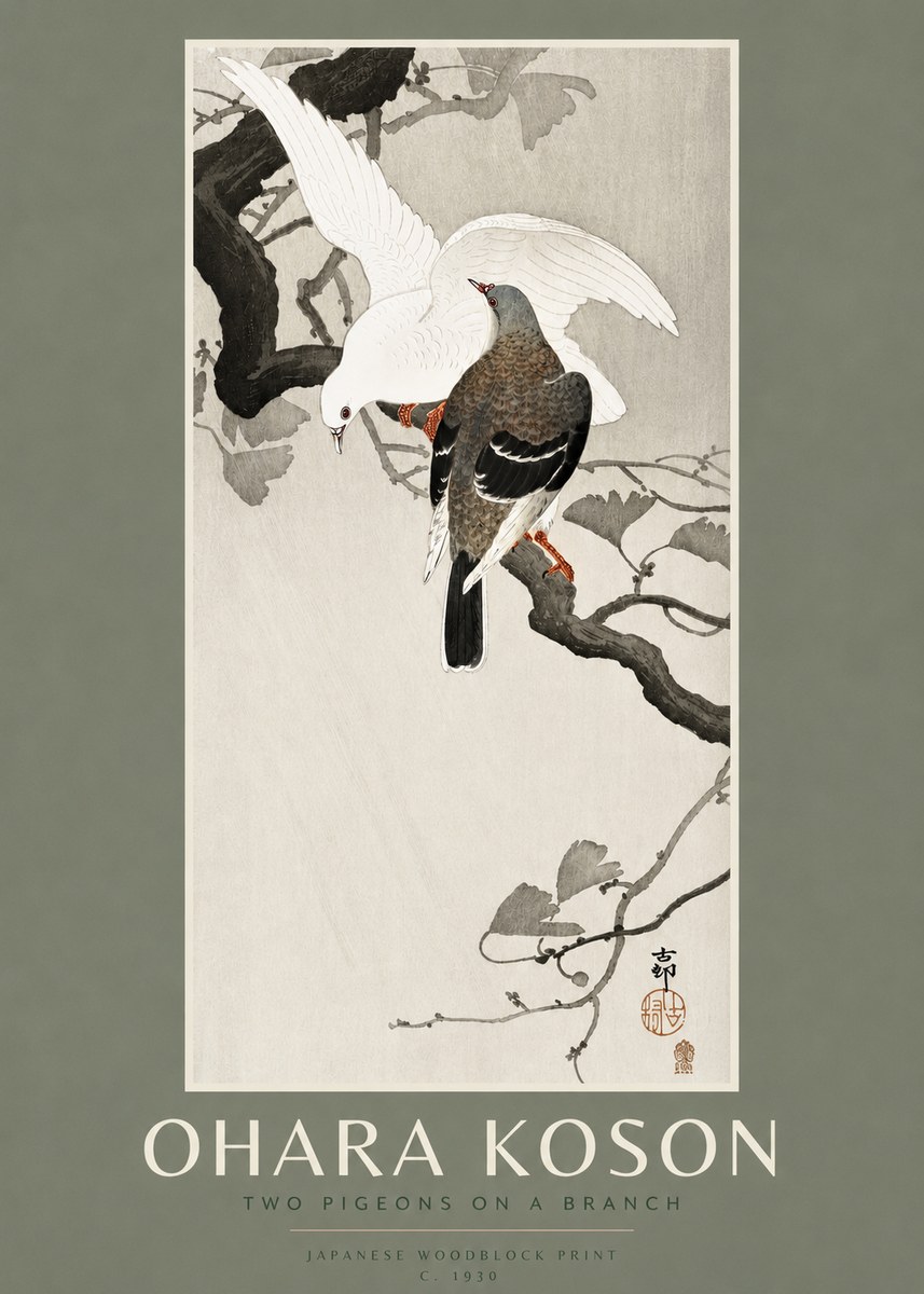 Ohara Koson Two Pigeons on a Branch No2 - Plakat