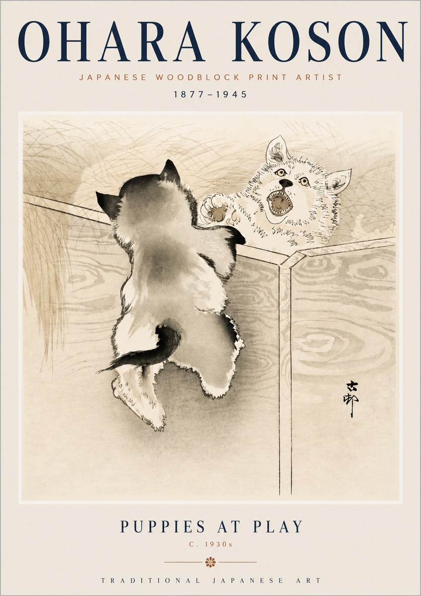 Ohara Koson Puppies at Play No3 - Plakat