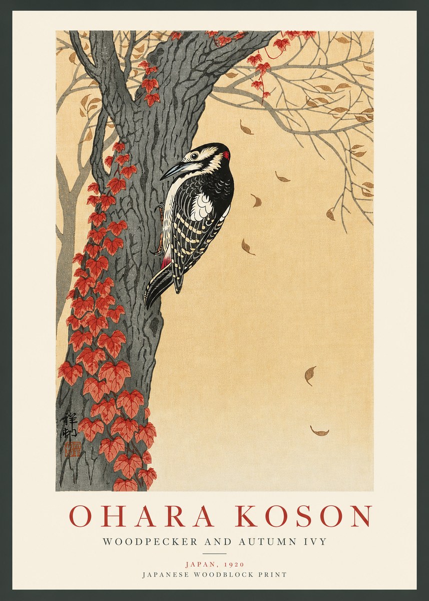 Ohara Koson Woodpecker and Autumn Ivy No3 - Plakat
