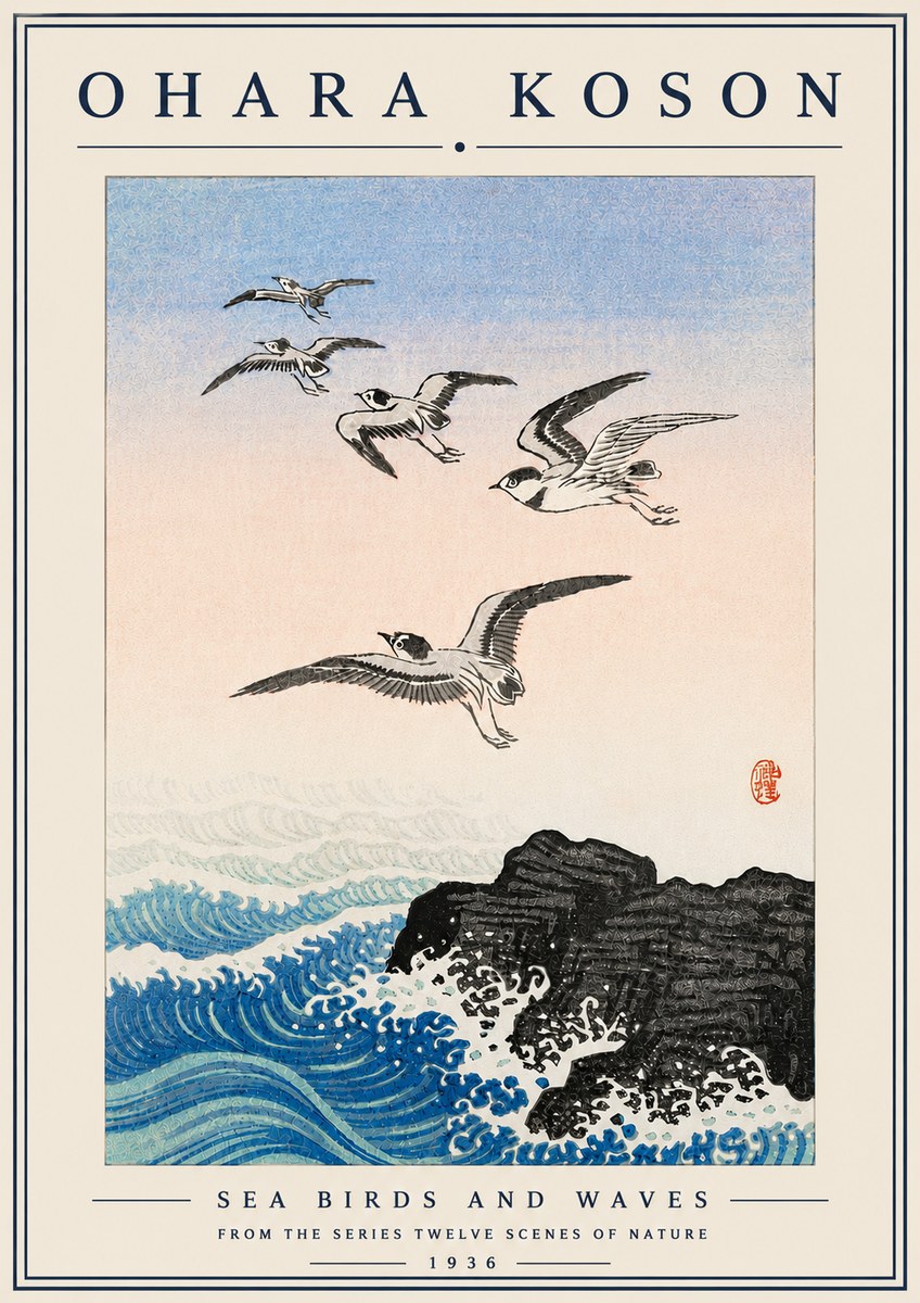 Ohara Koson Sea Birds and Waves No6 - Plakat